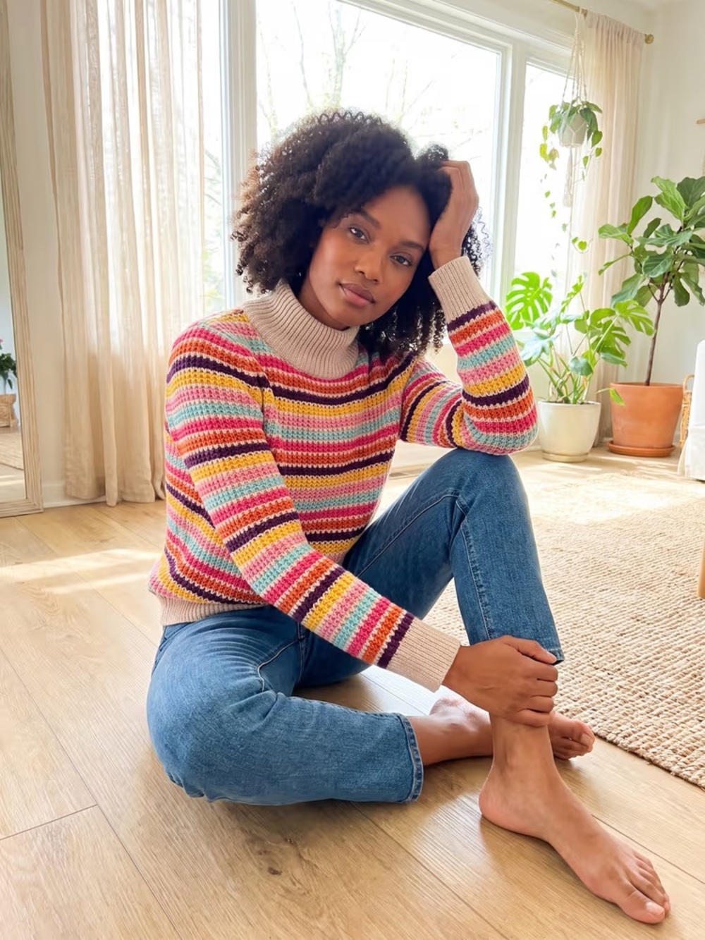 Talbots Cream Turtleneck Sweater with Multicolor Stripes